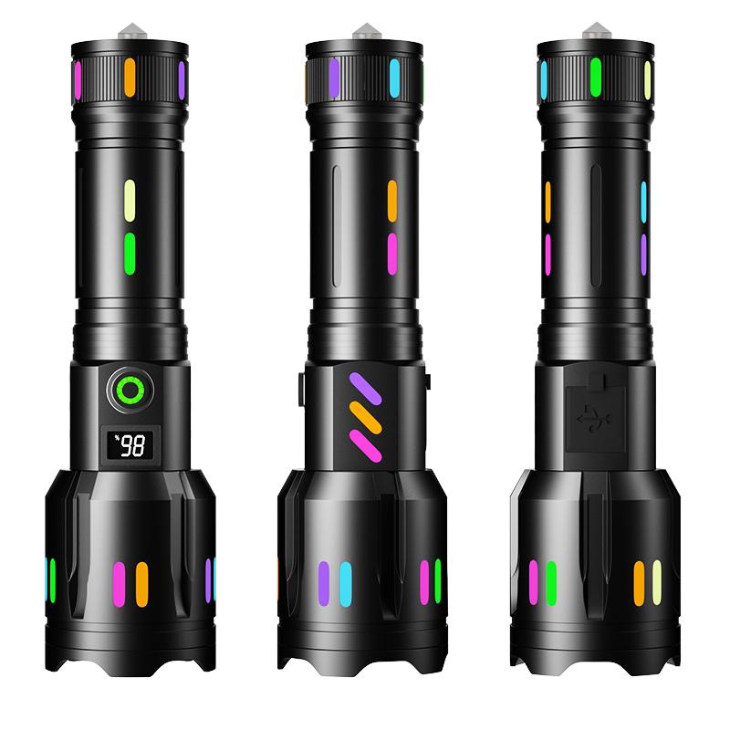 New White Laser Long Range Flashlight Type-C Charging Digital Display Fluorescent Bar Tail Hammer Zoom Flashlight Telescopic Flashlight