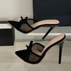 Fashion Liyke Street Fashion Bowknot Mesh Women Slippers Sandals Sexy Pointed Open Toe Black High Heels Mules Slides Party Banquet Shoes