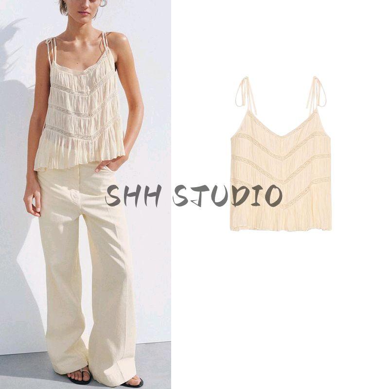 Spring New Women's Clothing American Ins Style Minimalist Easiest for Match Straight Lace Sling Round Neck Tops 6895054