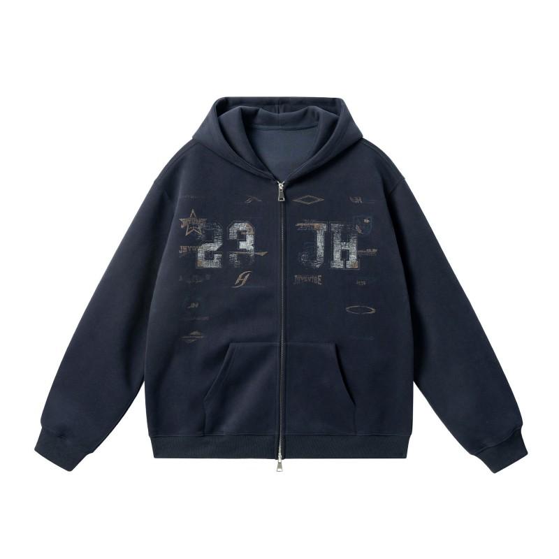 American Fall Winter 350g Fleece Hoodie Men Women Oversize Printed Casual Couple Zip Up Sweatshirt