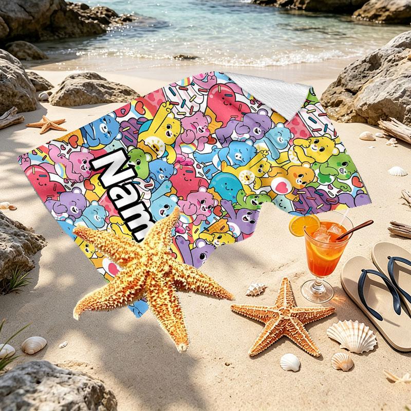 Custom Name Personalized Care Bears Print Beach Towel, for Trip Camping Beach Party Home Decor, Birthday Gift for Family & Friends