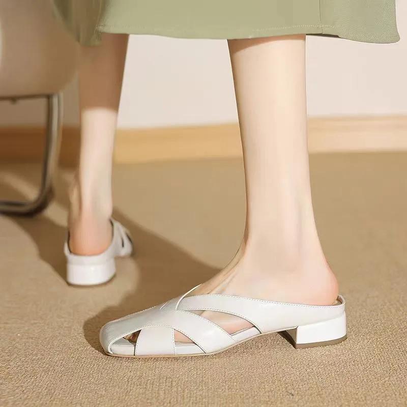 Fashion Fashion Baotou Slippers Summer New Square Toe Shallow Mouth Hollow Soft Sole Non-slip Wear-resistant Low-heeled Shoes