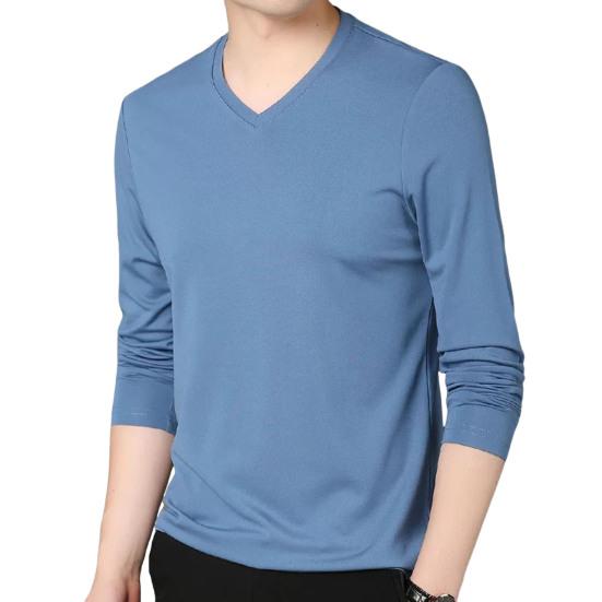 Men Fall Spring Top V Neck Long Sleeves Pure Color Slim Fit