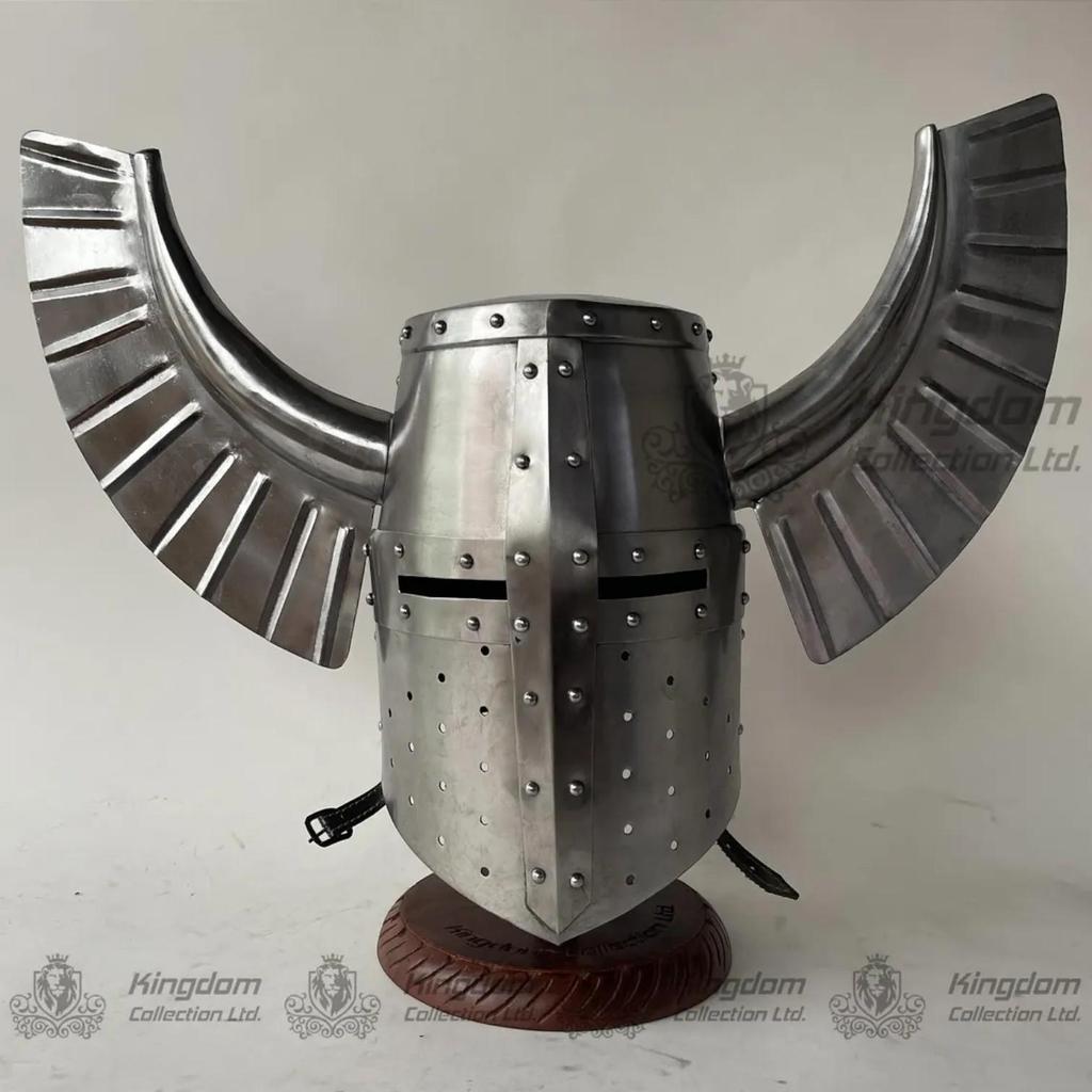 Medieval Templar Fantasy Warrior Helmet Great Templar Horn Helmet Knight Teutonic Crest Wing Helmet with Free Display Stand