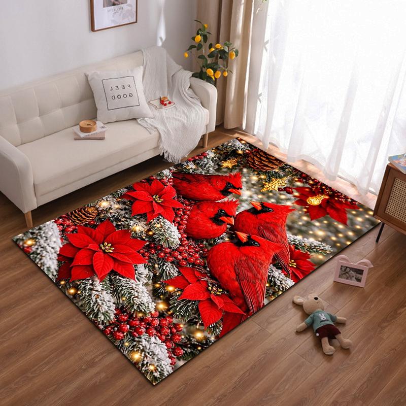 "Festive Cardinals on Pine Tree with Red Flowers Non-slip rug suitable for living room and bedroom sofas sofas"