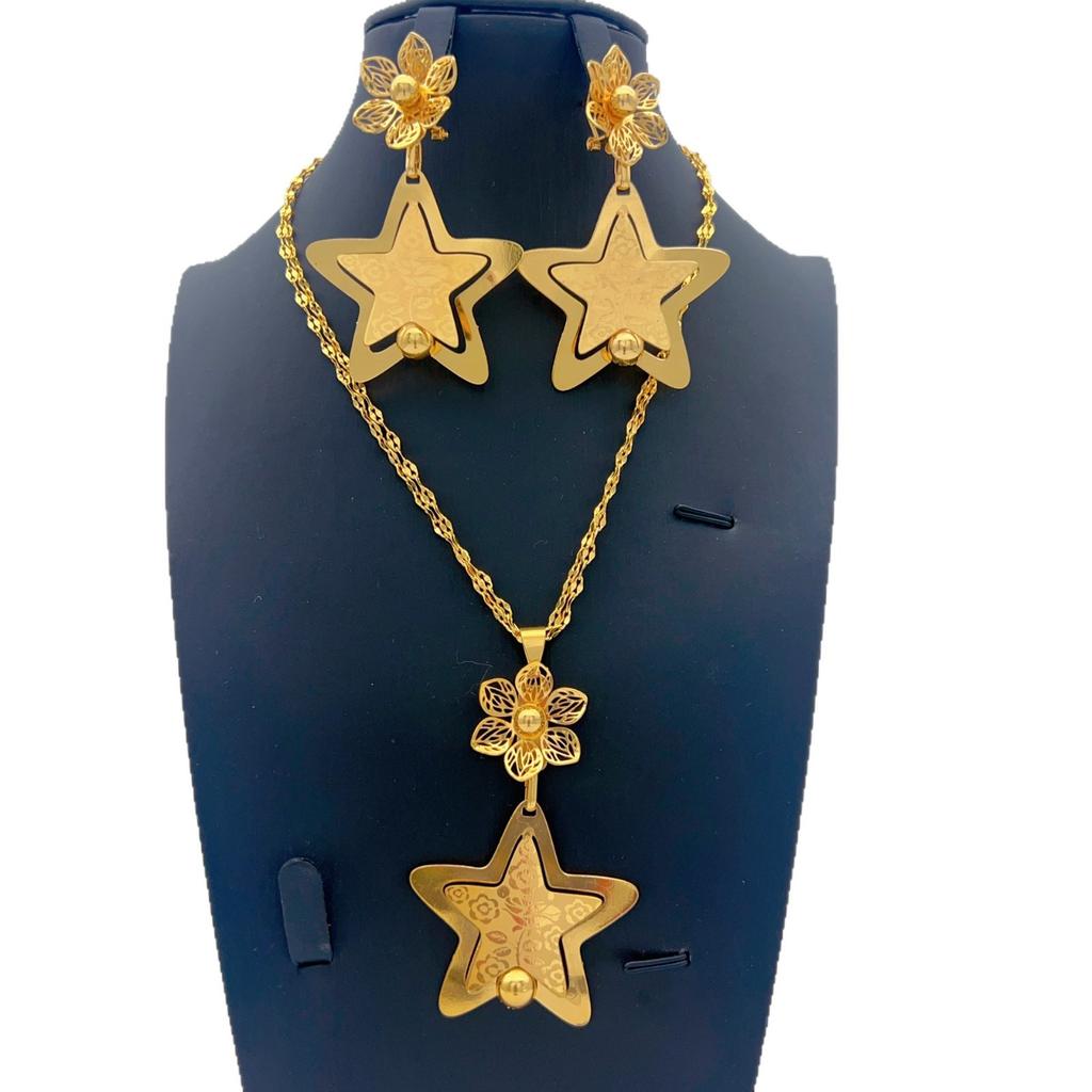 Dubai Copper Alloy Set Niche Women's 24K Pentagram Pendant Necklace Earrings Wedding Party African Jewelry 2026