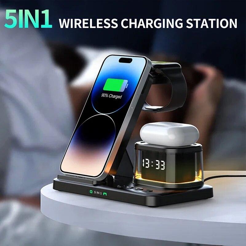 5 In 1 Wireless Charger Stand Foldable Clock RGB Night Light Fast Charging Station For iPhone15 14 13 12 Apple Watch Airpods Pro
