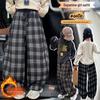 Girls' Fleece-Lined Plaid Wide-Leg Pants - Winter Thickened, Junior High Style