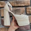 Fashion Brand Handmade Inlaid Pearls/rhinestones Sandals Wedding Bride Party Bownot Nightclub Steel Pipe Dance High-heeled Shoes Size 42