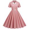 GMXIA Temperament Women's Color Contrast Suit Collar Cardigan Checkered Belt Slimming Big Swing Mid-length Vintage Dress