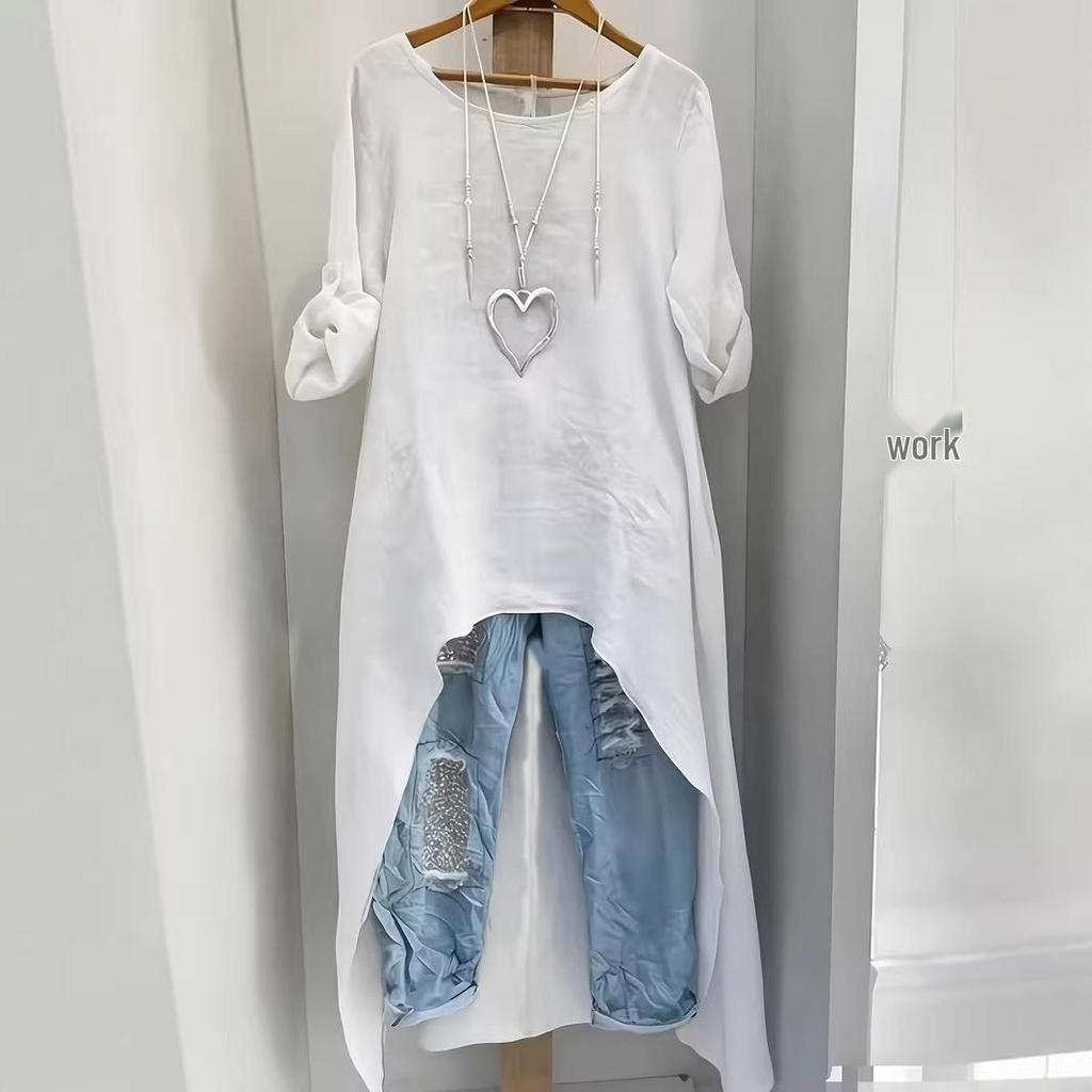 Женский льняной асимметричный длинный топ - Круглый вырез, Свободный крой, Неровный подол, Универсальная модная рубашка