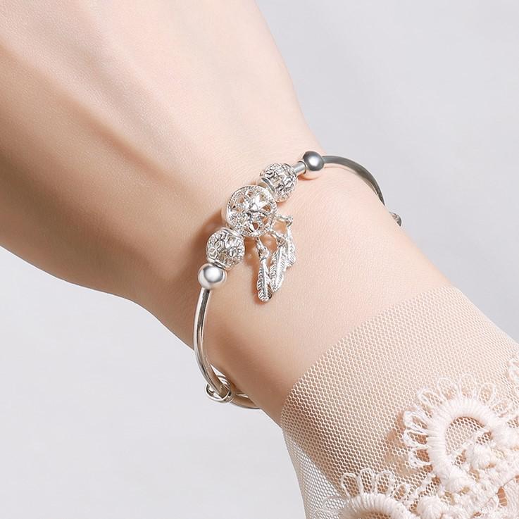 Adjustable 925 Sterling Silver Bangle Dreamcatcher Tassel Feather Round Bead Charm Bracelet Cuff For Women Elegant wedding