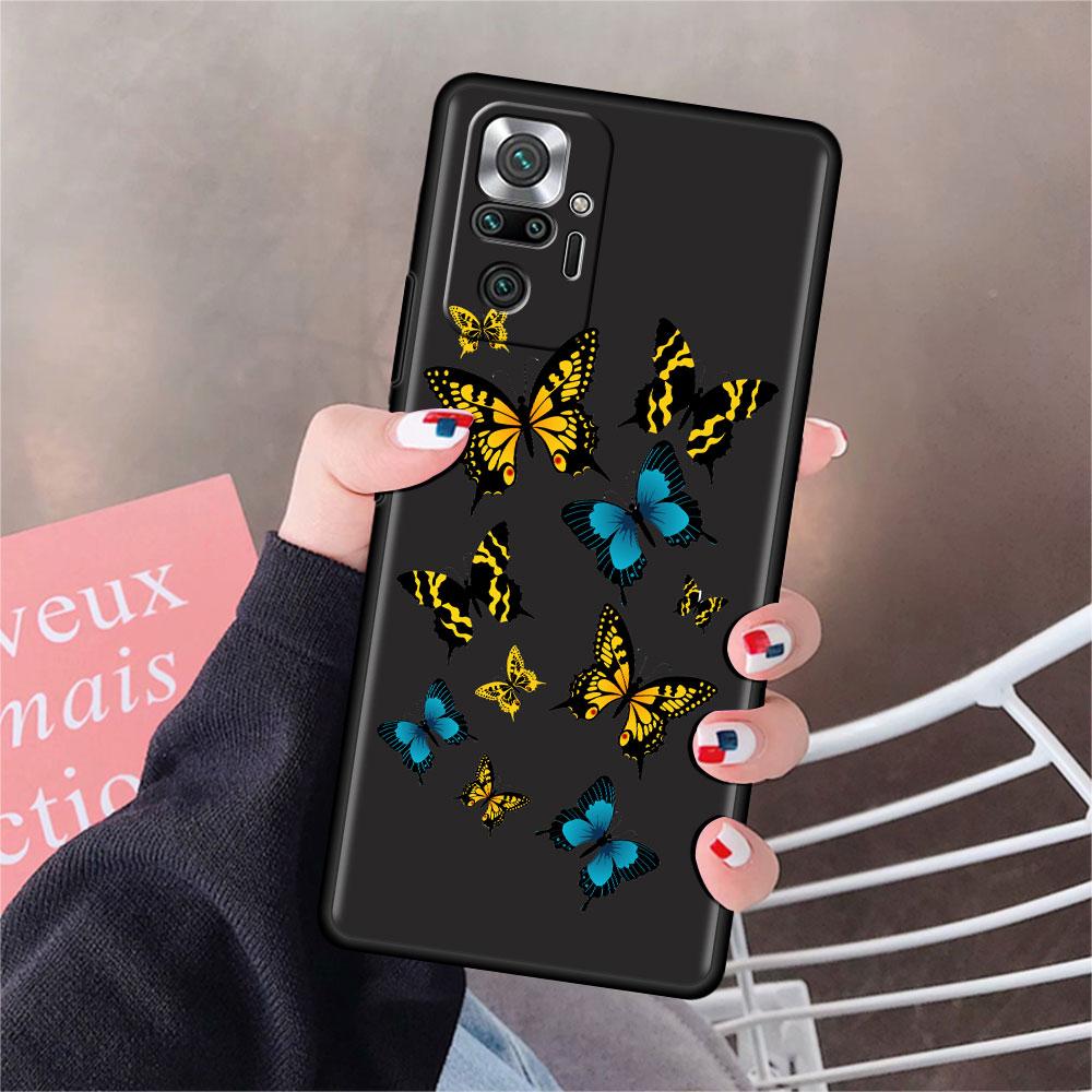 Роскошный черный чехол для телефона Xiaomi Redmi Note 11 10 9 8 7 Pro 9S 9A 9C 10s 8T K40 10C 10S Funda Cover Blue Beautiful Butterfly