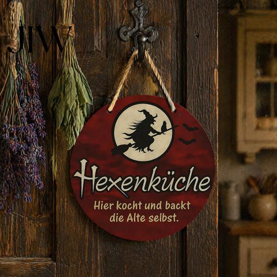 Halloween Witch Bat Wall Hanging Wooden Sign, Round Pendant for Front Door Decor, Full Spooky Indoor Seasonal Ornament Moon Design Retro Holiday Party