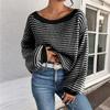 Versatile Knitted Top One-Row Neck Lace-Up Style Sweater Loose Fit Striped Lantern Sleeve Tops