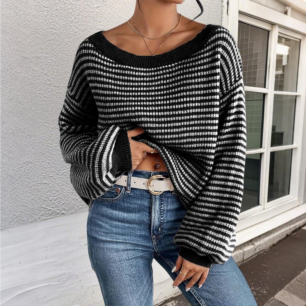 Versatile Knitted Top One-Row Neck Lace-Up Style Sweater Loose Fit Striped Lantern Sleeve Tops