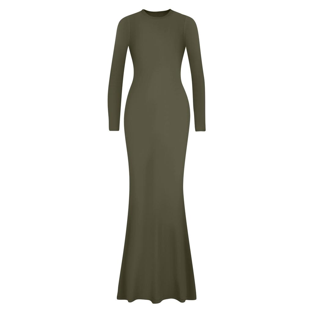 Женское модное и элегантное однотонное облегающее длинное платье с круглым вырезом и длинными рукавами
