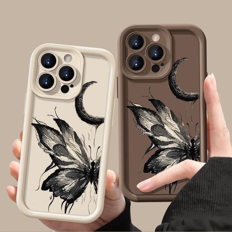 Модный чехол с рисунком луны и бабочки для iPhone 16 Pro Max 15 Plus 14 13 12 Pro 11 TPU мягкий матовый силиконовый противоударный защитный чехол для объектива телефона