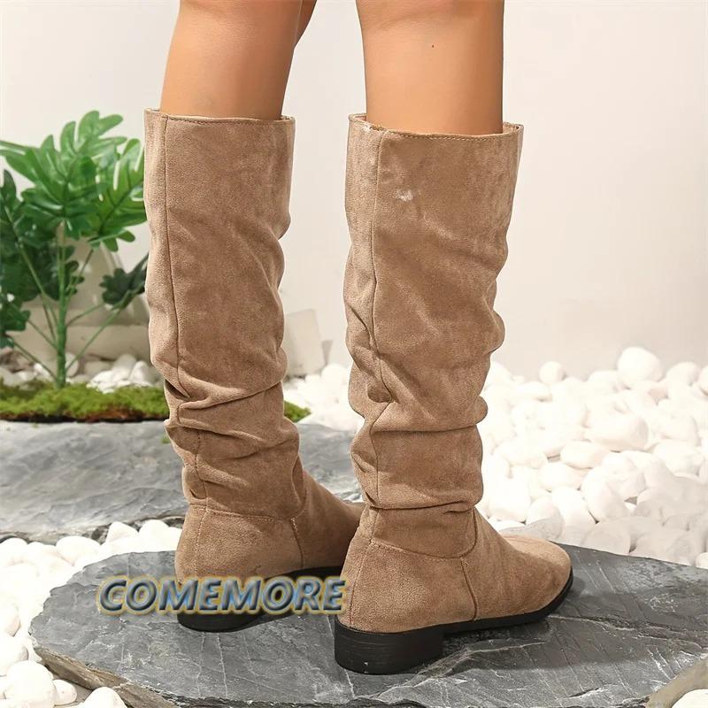 Сапоги-плиссе женские из искусственной замши с флоком, высокие сапоги до колена, зимняя женская мода 2024 года, сапоги-ботфорты на низком квадратном каблуке, женские сапоги-рыцари