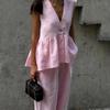 New Pink Sweet Two-Piece Set All-Cotton V-Neck Sleeveless Vest Top Long Pants Suit for Women