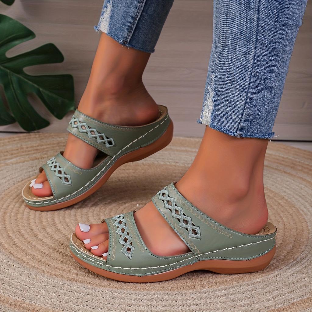 Women's Solid Color Sandals, Slip On Open Toe Double Bands Non-slip Soft Wedge Slides Shoes, Summer Comfy Shoes
