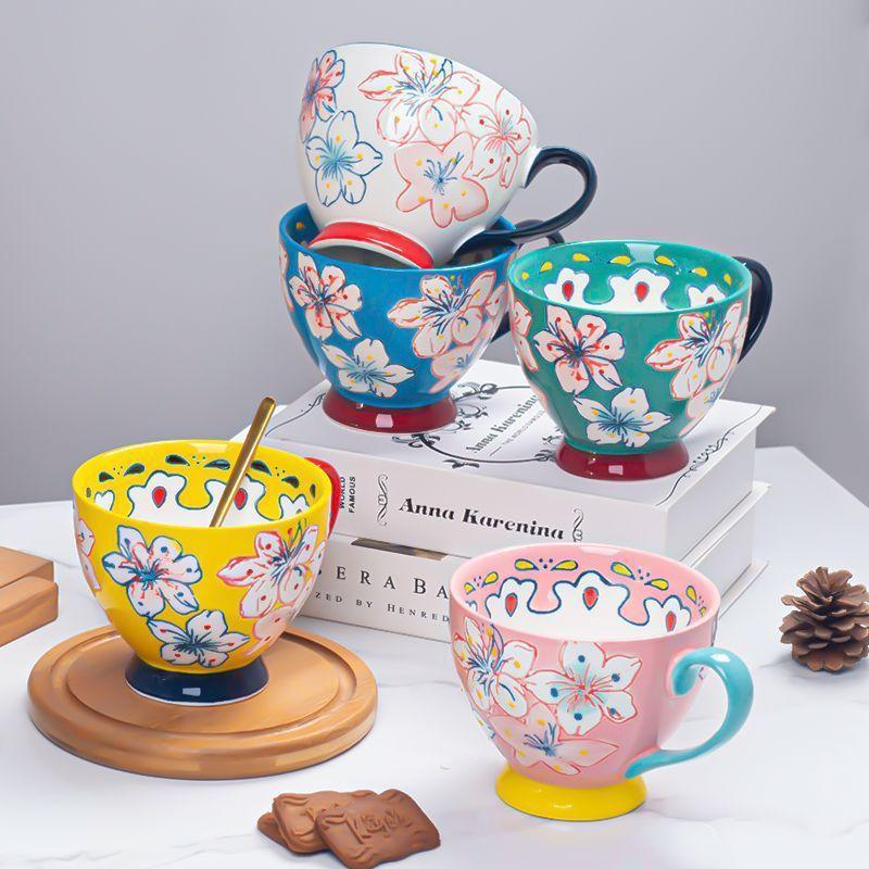 Керамическая чашка для воды с рельефным рисунком, чашка для завтрака с цветочным рисунком, европейская чашка для хлопьев, большая чашка с рисунком, креативная чашка