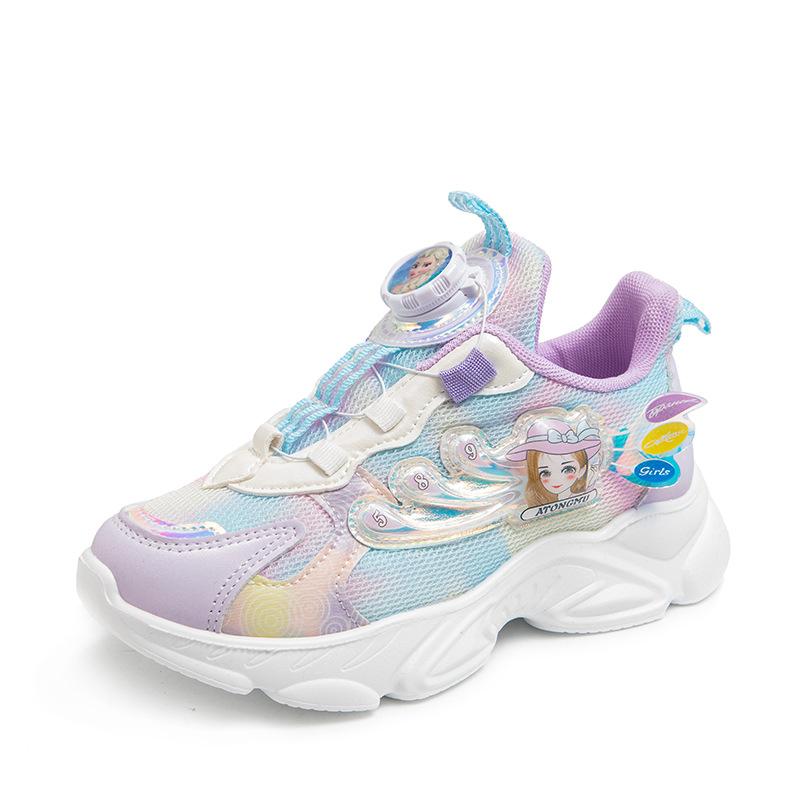 Кеды из сетки для студенток, весна и осень, мягкая подошва, мультяшные, кроссовки для бега для маленькой девочки, вращающаяся пряжка, легкие одинарные туфли, тренд