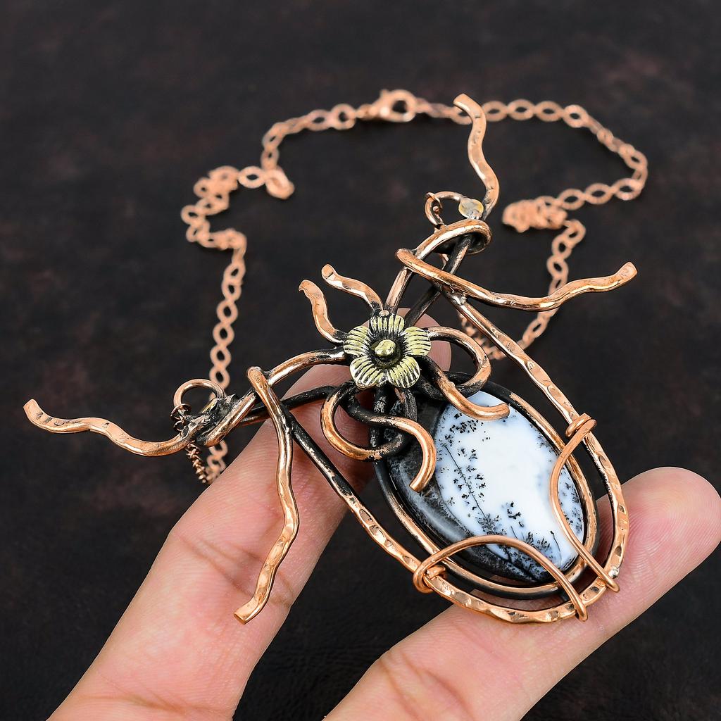 Ожерелье из дендритового опала, украшения, обмотанные медной проволокой, ожерелье ручной работы с регулируемой длиной, ожерелье с драгоценным камнем, украшения, обмотанные медной проволокой, подарки для женщин