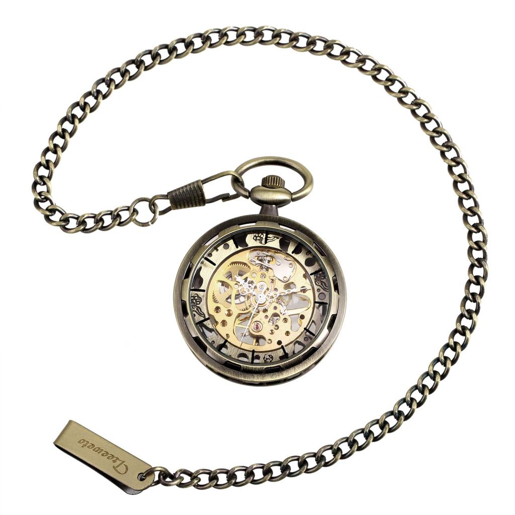 TREEWETO Старинные механические карманные часы-скелетон с цепочкой и ручным заводом для мужчин (бронза)