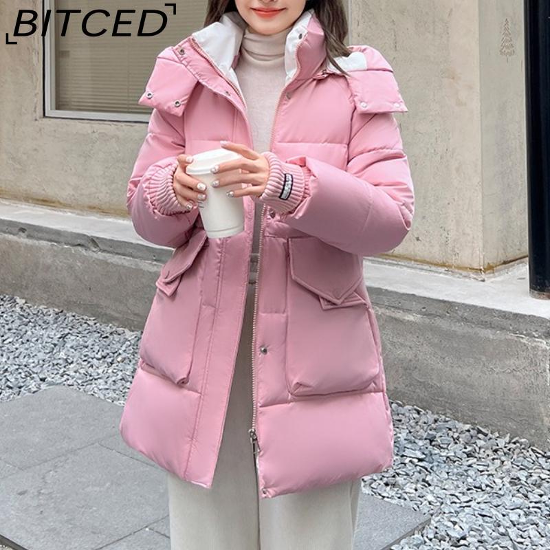 BITCED Plus Size Women's Mid-Length Winter Coat with Waist-Defining Hood, Oversized Pockets and Thickened Quilted Lining