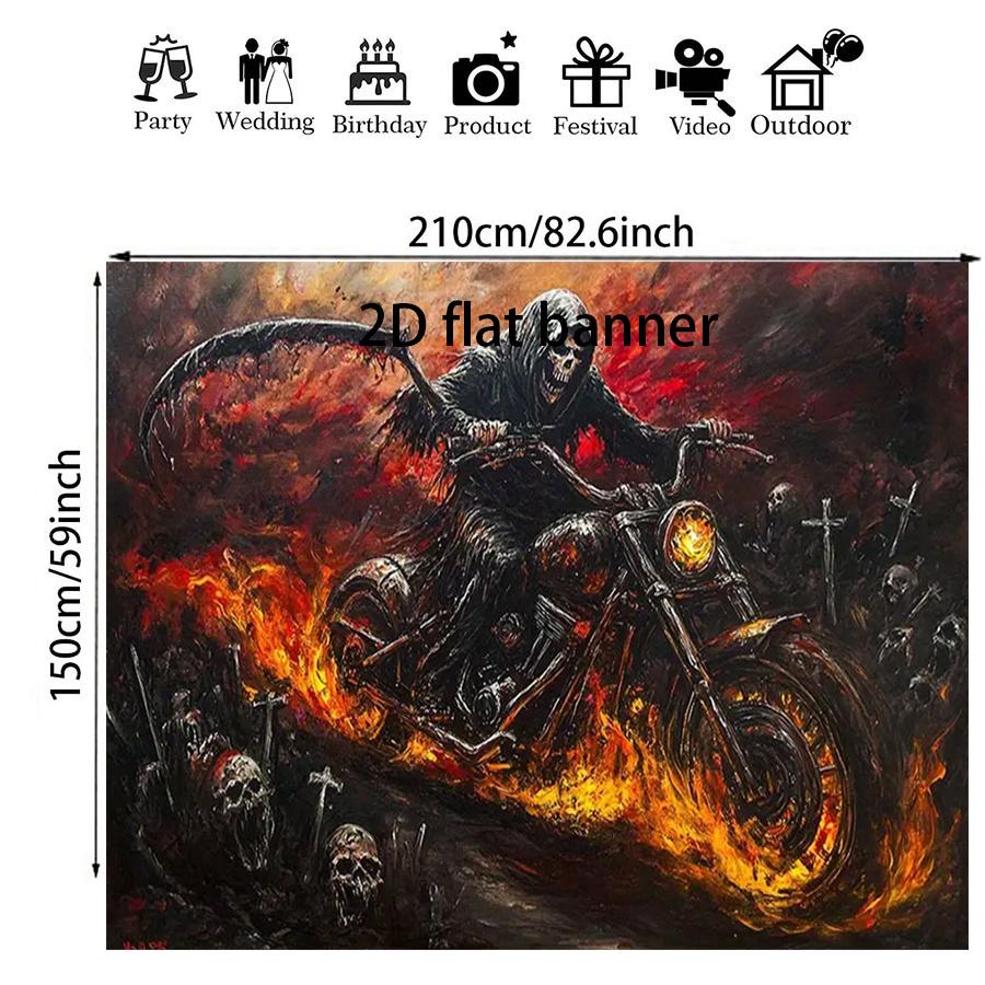 2D flat banner - Polyester lightweight dark style Death God riding a motorcycle pattern banner, thick and durablezyc