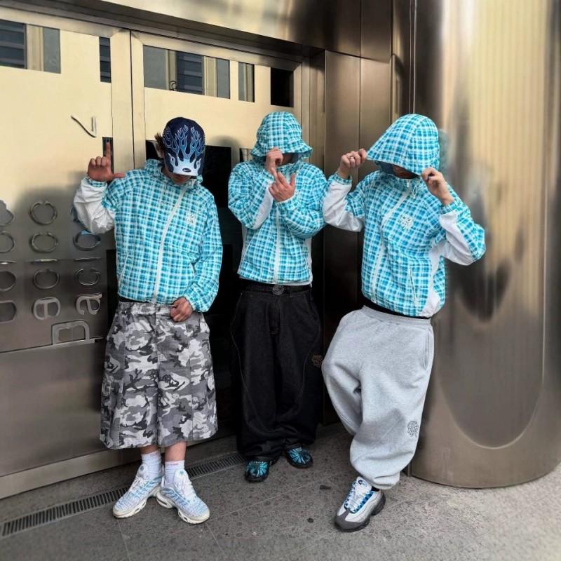 Мужская оверсайз ветровка с капюшоном в клетку в стиле urban streetwear Осень