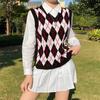 Women's Fashion Diamond Plaid Sleeveless V,neck Loose Student College Knitted Sweater Vest