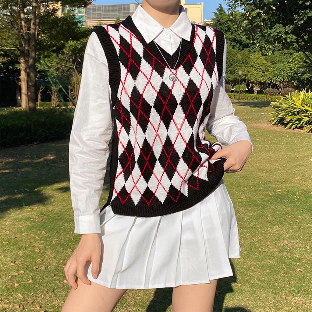 Women's Fashion Diamond Plaid Sleeveless V,neck Loose Student College Knitted Sweater Vest