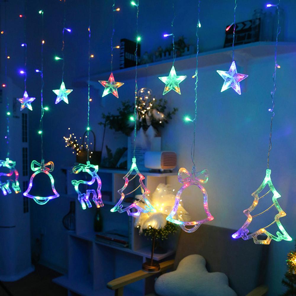 Рождественские занавески на окнах, гирлянды, колокольчики, деревья, олени, звезды, фонари, батарейки