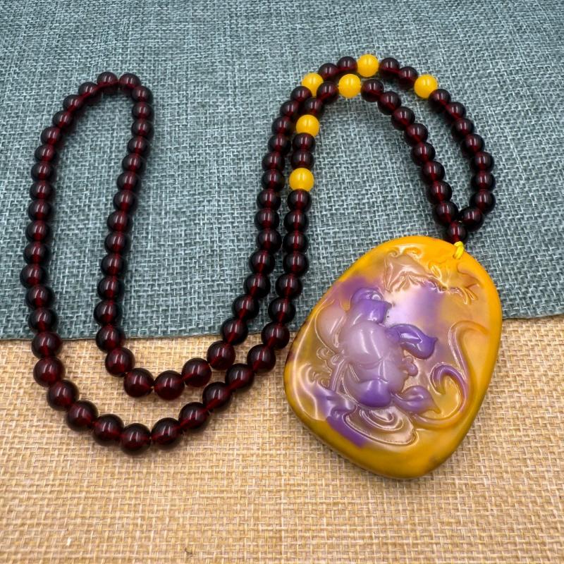 Chinese Style Purple Hand Carved Pixiu Gourd Pendant Necklace Long Sweater Chain Winter Women Jewelry Mother'S Day Gift