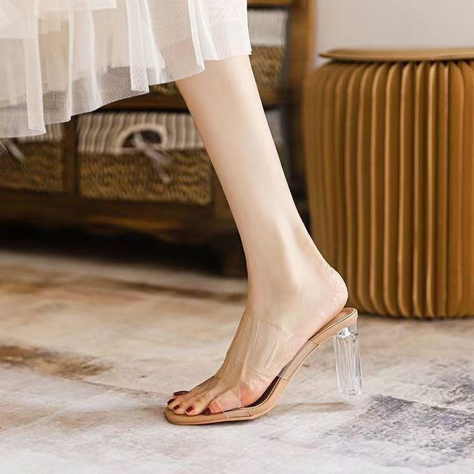 Internet Celebrity Fashion Word with Transparent High Heel Cool Slippers Wear 2025 New Women's Thick Heel Crystal and Nude Sandals