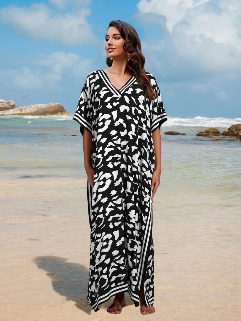 Beach Cover Ups for Swimwear Leopard Printed Maxi Dress Summer Holiday Bathing Suits Factory Supply