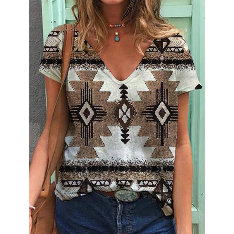 Geometric Graphics 3D Print T-shirts Women Ethnic Style Vintage Streetwear T Shirt Y2k Tops Woman V-Neck Tees Oversized Clothing