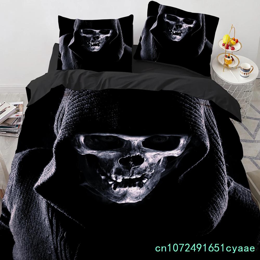 Комплект постельного белья Black Hat Skull Queen Size Хэллоуин Комплекты пододеяльников Современный стиль Спальный комплект постельного белья Чехол для одеяла Наволочки