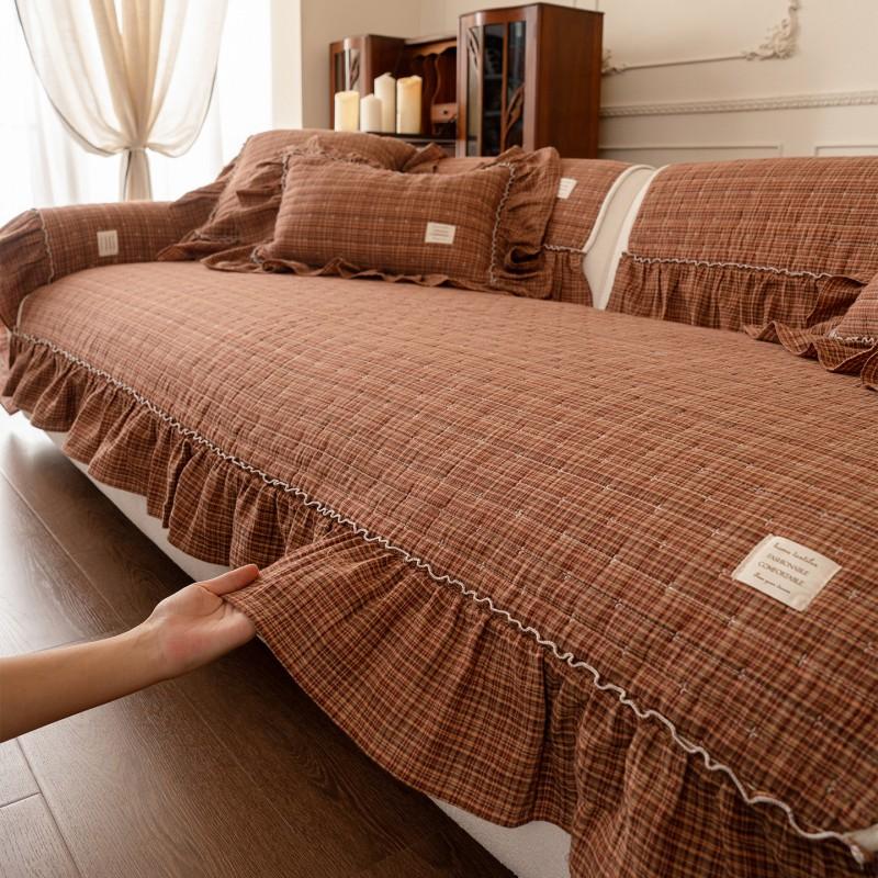 British Style Thick Skirt Edge 100% Cotton Double Gauze Sofa Cushion Non-Slip All Season Use