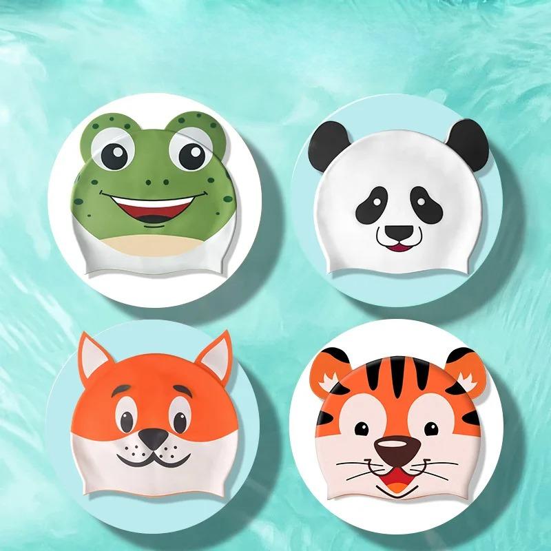 Большие шапочки для плавания Детские с защитой ушей Для длинных волос Водонепроницаемые Силиконовые шапочки для плавания Шапки для плавания Мультяшный принт Аксессуары для плавания