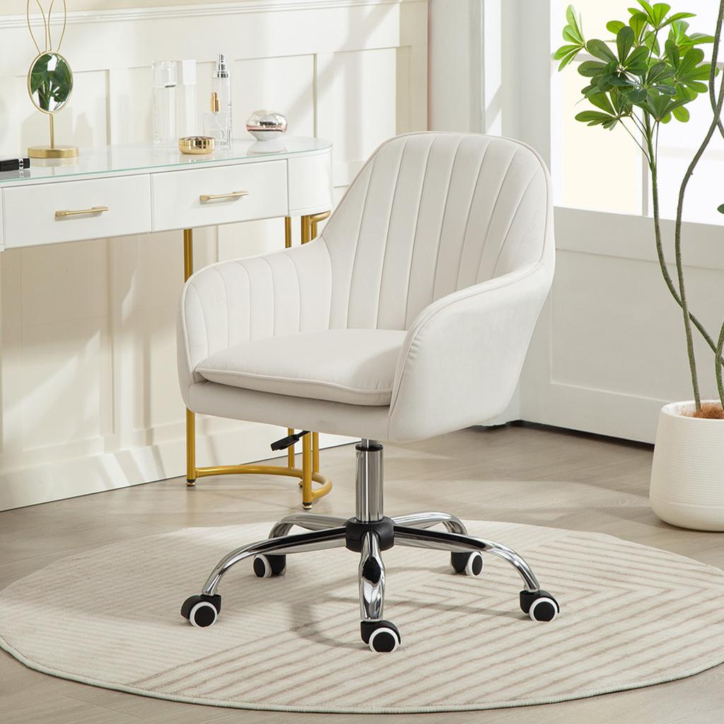 Velvet Feel Office Chair With Adjustable Height And Wheels Cream White