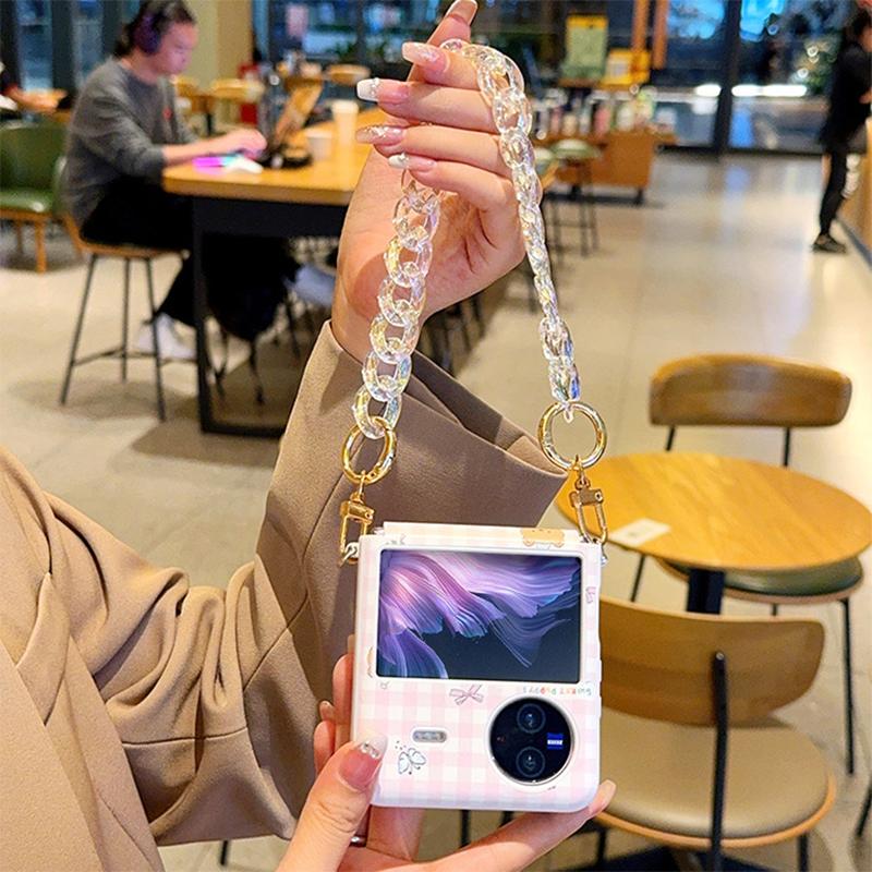 Cute Pink Plaid Foldable Phone Case Leather Cover With Crystal Chain For Samsung Z Flip6 Z Flip5 Z Flip4 Xiaomi Mix Flip Huawei P50 Pocket