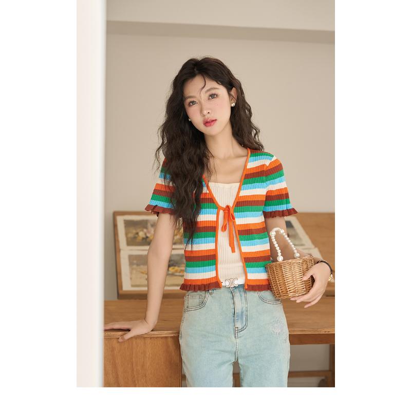 Mishow Блузка для женщин, новинка лета 2023, элегантные радужные полоски, милые тонкие женские топы на шнуровке в корейском стиле MXC38Z0112