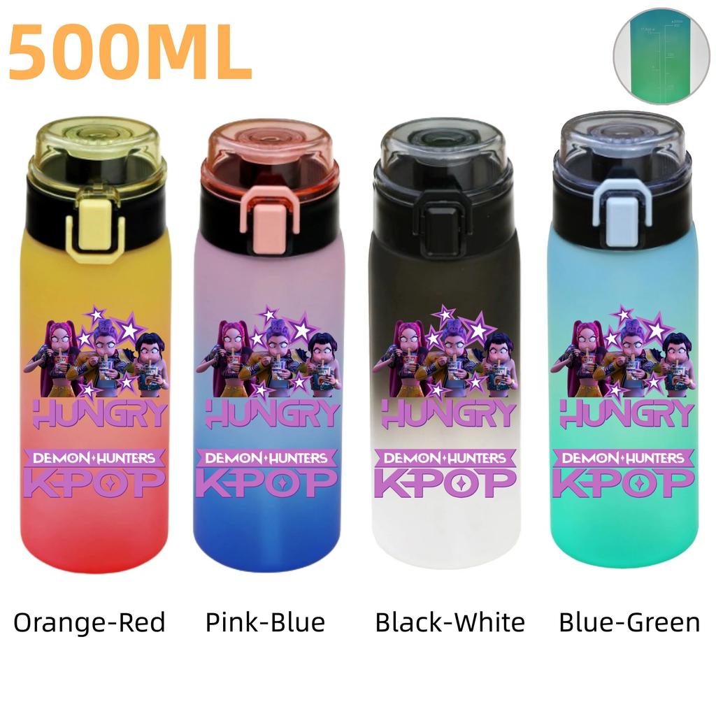 500ML KPop Demon Hunters Plastic Anime Water Cup Has Scale Travel Office Gym Hiking Portable Drink Bottles Outdoor Sport Gifts