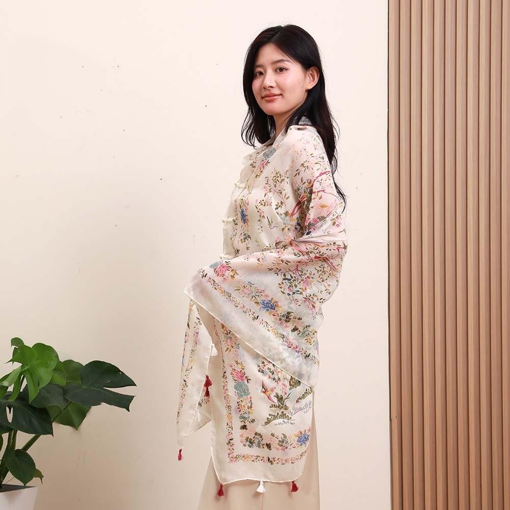 Breathable Thin Large Shawl Frog Button Sunscreen Headscarf Sweet Women Floral Scarf Vacation