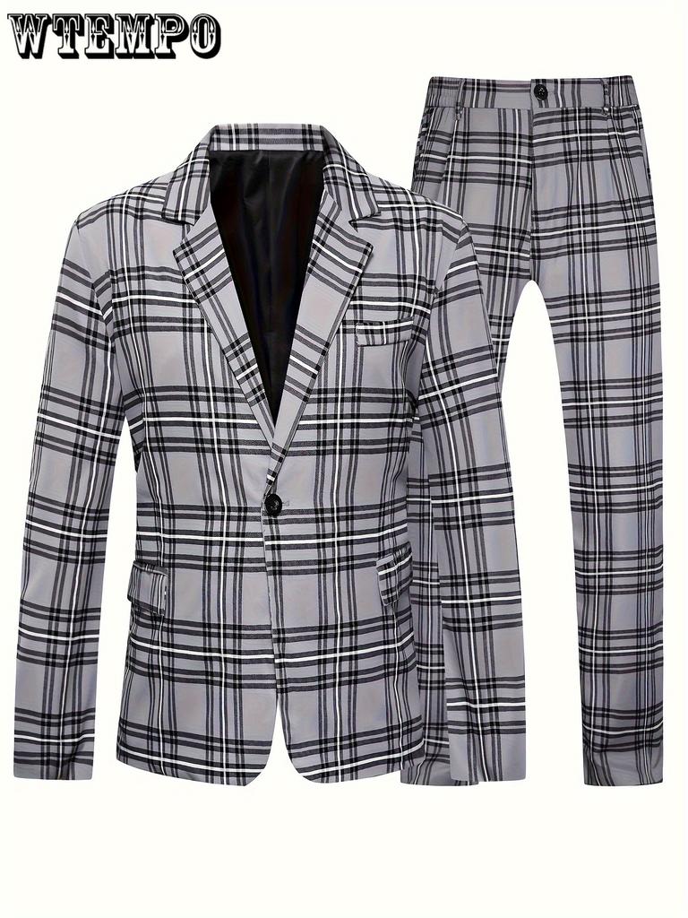 Комплект из 2 предметов: мужской клетчатый костюм больших размеров, пиджак на одной пуговице с лацканами и брюки для делового и повседневного ношения, подходящий для официальных мероприятий