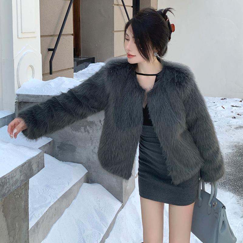 Осенне-зимние теплые пальто из лисьего меха с длинным рукавом, женские винтажные элегантные свободные куртки с круглым вырезом, женские однотонные повседневные женские куртки верхней одежды 25519
