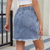 Women's Fashionable Solid Color Elastic High Waisted Ripped Denim Skirt With Rough Edges